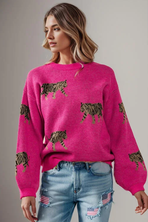 Amazing Deals Wild Thing Tiger Design Knit Sweater in Fuchsia