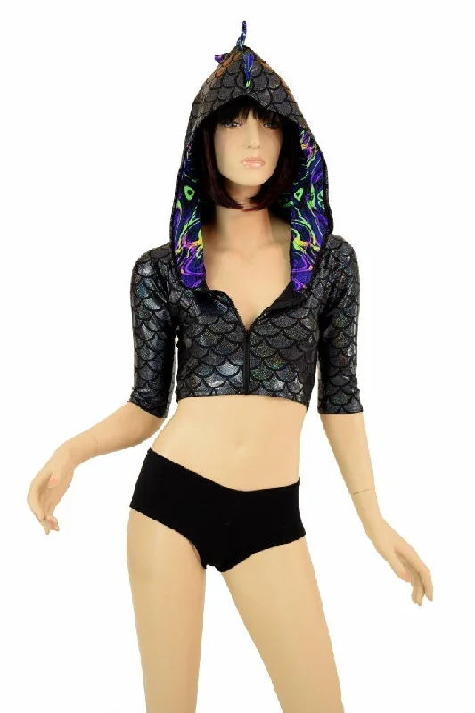 Deal Mania Half Sleeve Dragon Zipper Front Crop Top