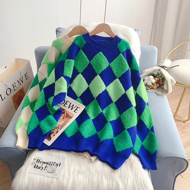 Mega Discount Japanese lazy flocked rhomboid sweater  4994