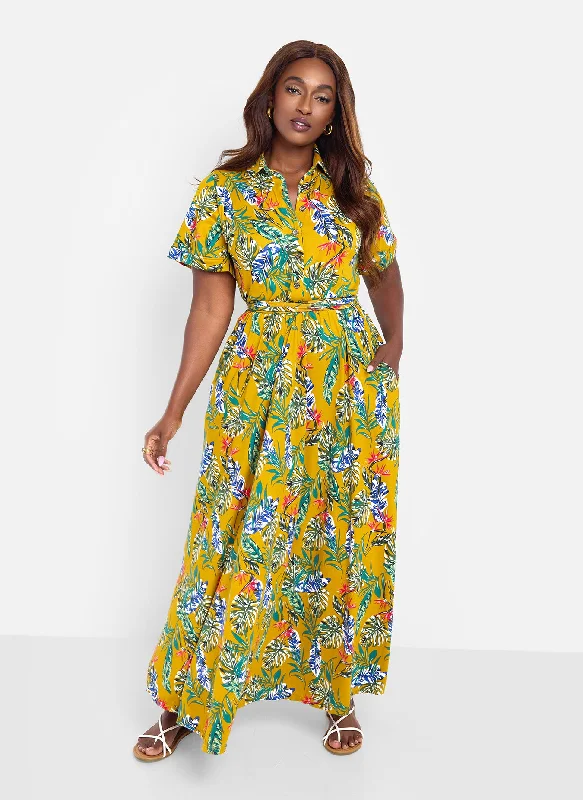 Unmissable Offer Allow Me Floral Print Button Top Skater Maxi Dress - Mustard