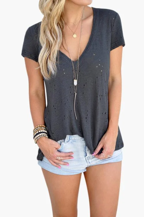 Flash Sale OEM ODM V-Neck Hollow Short Sleeve Grey T-Shirts