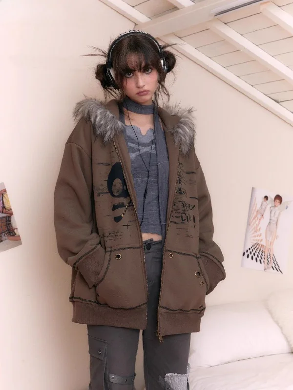 Weekend Deals That Impress American Retro Fur Collar Loose Oversize Design Niche Coat Zip Up Hoody