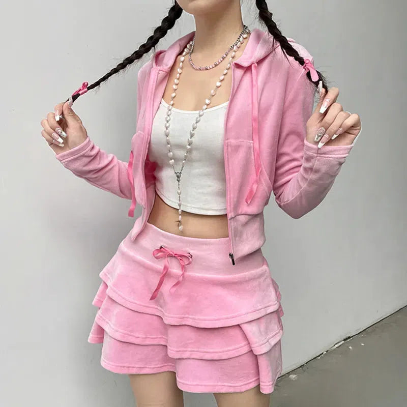 Super Deal Pink Aesthetic Skirt & Hoodie Two Piece Set