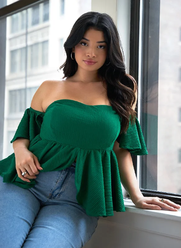 Closeout Dina Textured Off Shoulder Peplum Top - Pine Green