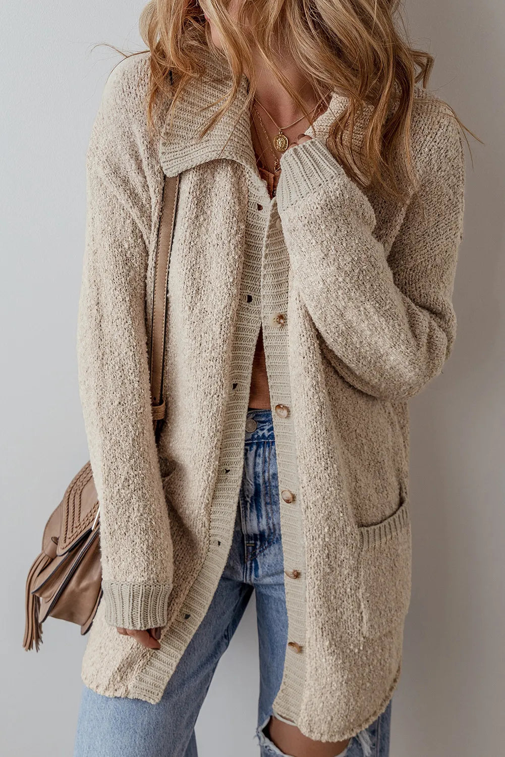 Closeout Deal Pocketed Button Up Long Sleeve Cardigan