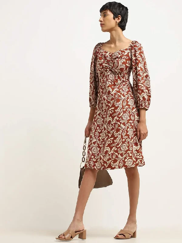 Weekend Offers You Can't Ignore LOV Dark Rust Printed Crepe Blended Linen A-Line Dress Weekend Offers You Can't Ignore LOV Dark Rust Printed Crepe Blended Linen A-Line Dress