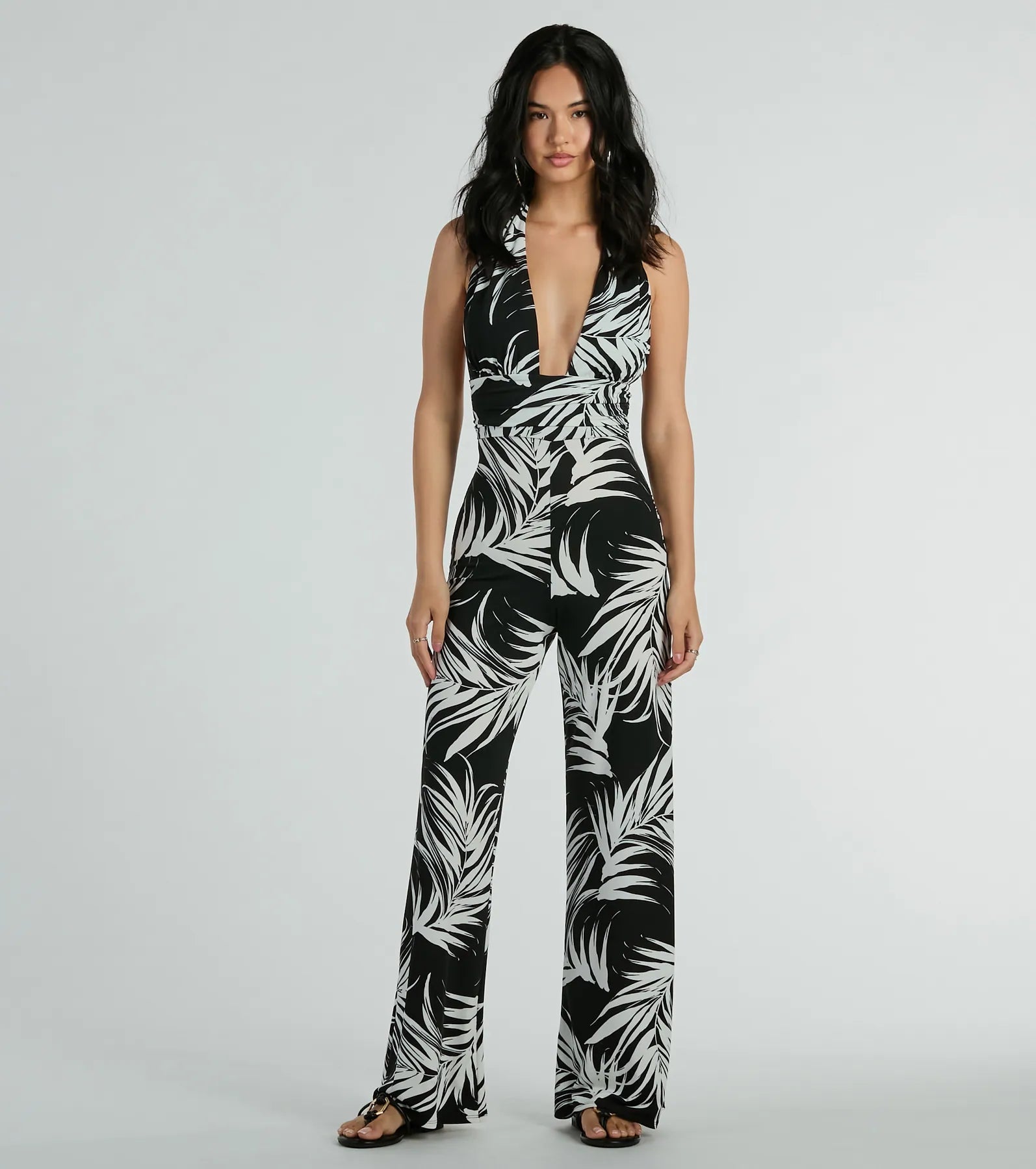 Deal Dash Majorly Tropical Plunge Halter Wide-Leg Jumpsuit