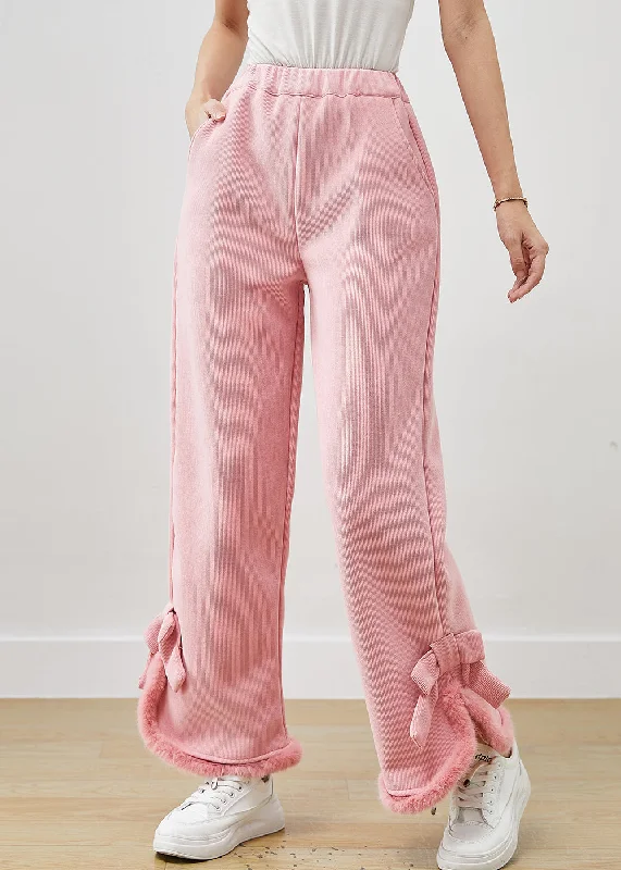 Super Sale Italian Pink Bow Warm Fleece Straight Pants Winter
