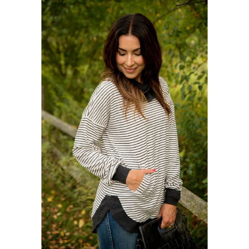 Low Prices Solid Trimmed Striped Cowl Neck