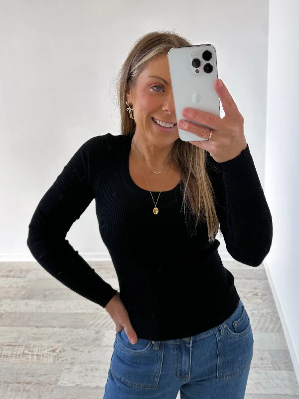 TIME-Limited Offer Selma Long Sleeve Knit Top - Black