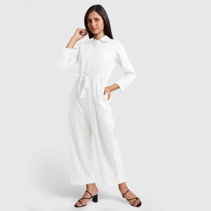 Super Sale White Flat Collar Cotton Flax Elasticated Wide Legged Overall