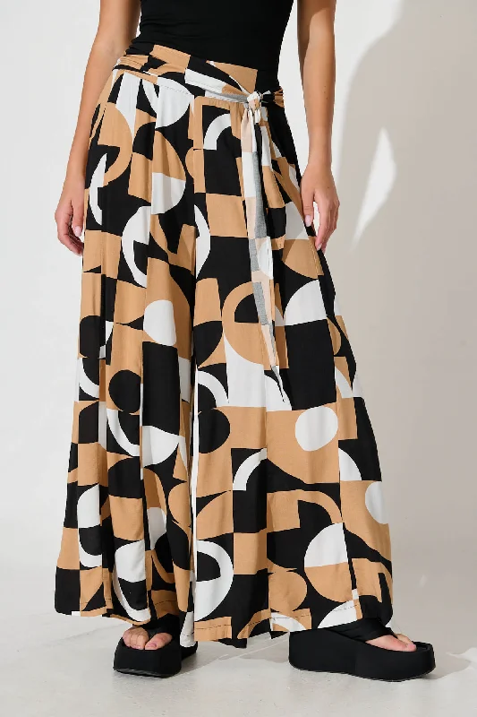 Loyalty Reward Hayes Pant In Beige With Black And White Geometric Print