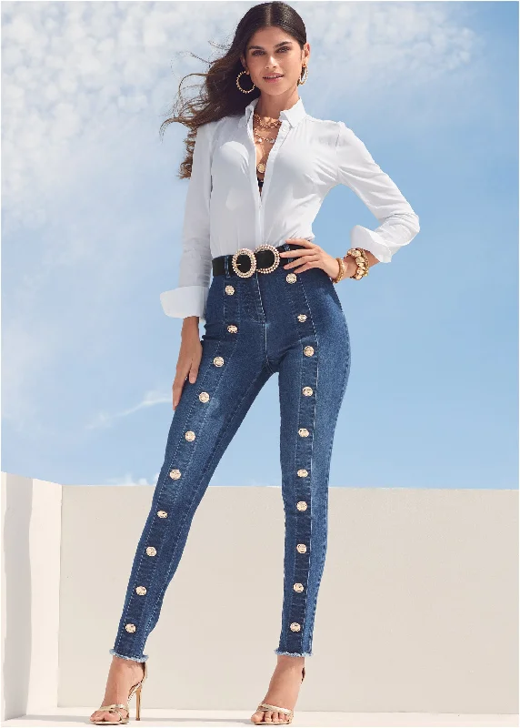 Discount Deals High Rise Button Detail Skinny Jeans - Medium Wash