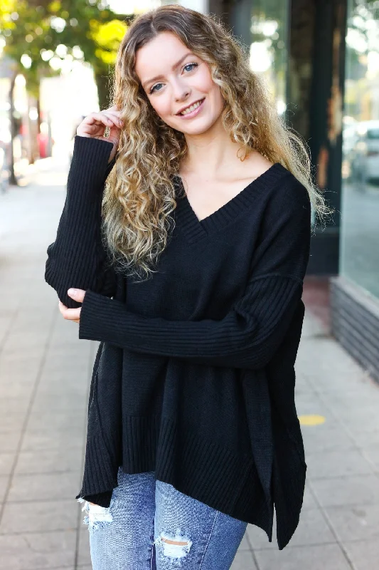 Super Discount Black Oversized V Neck Rib Knit Sweater