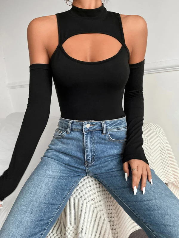 Weekend Specials to Delight Women's Black Hollow Long Sleeved Bodysuit