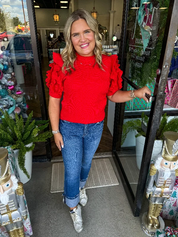 Shop and Save Ruffle Sleeve Sweater: Red