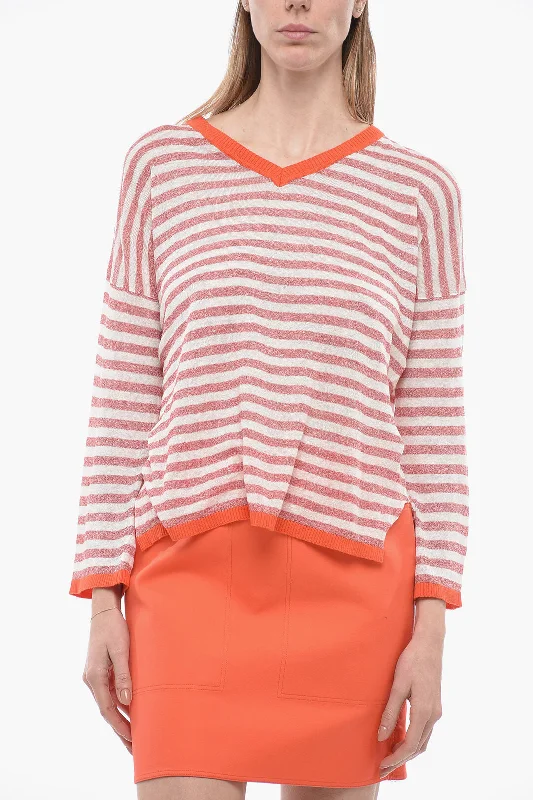 Weekend Offers That Excite Whyci V-Neck Striped Linen Blend Sweater
