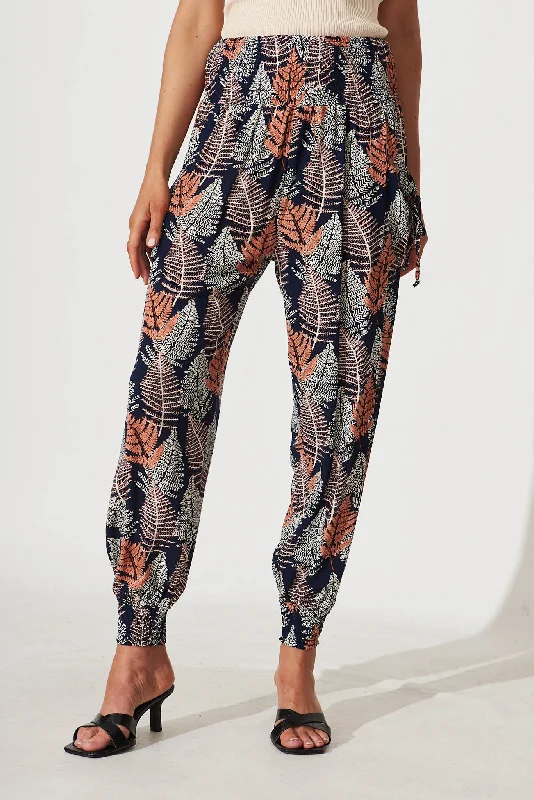 Incredible Offers Gabby Pant In Navy With Multi Leaf Print