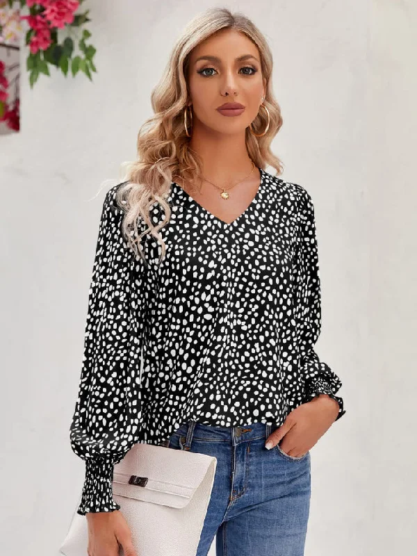 Early Bird Printed V-Neck Lantern Sleeve Blouse