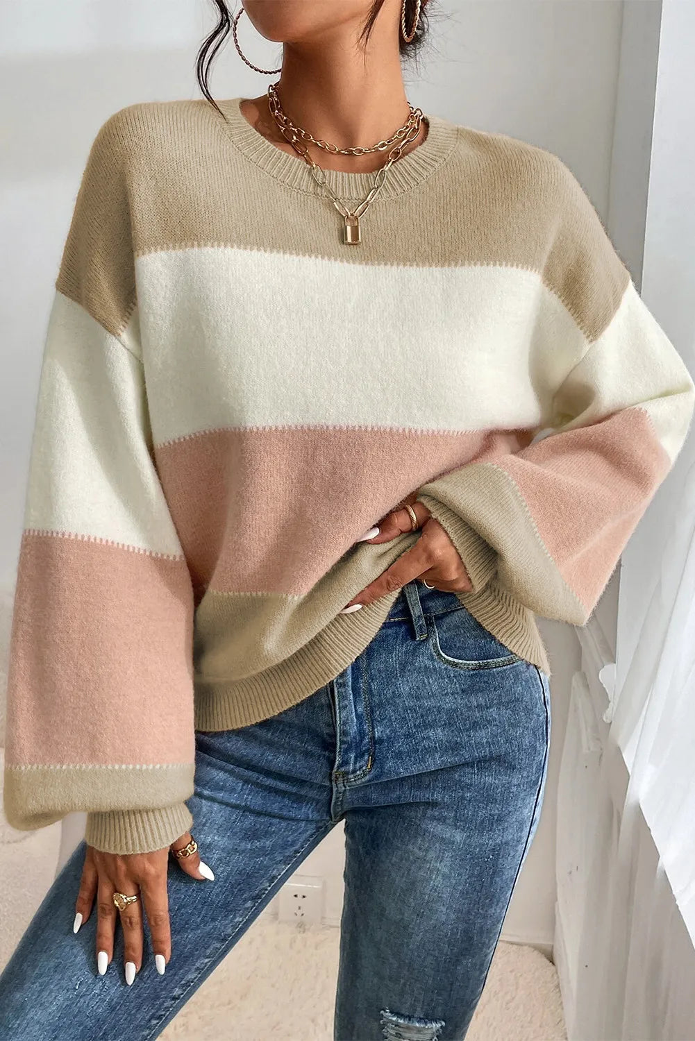New Deals Color Block Round Neck Lantern Sleeve Sweater