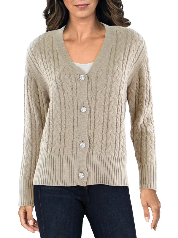 Midnight Madness Womens Embellished Cable Knit Cardigan Sweater