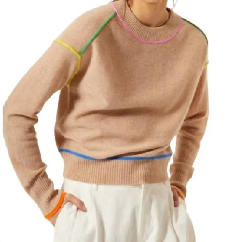 Clearance Event Crew With Multi Color Seams Top In Cappuccino Brights