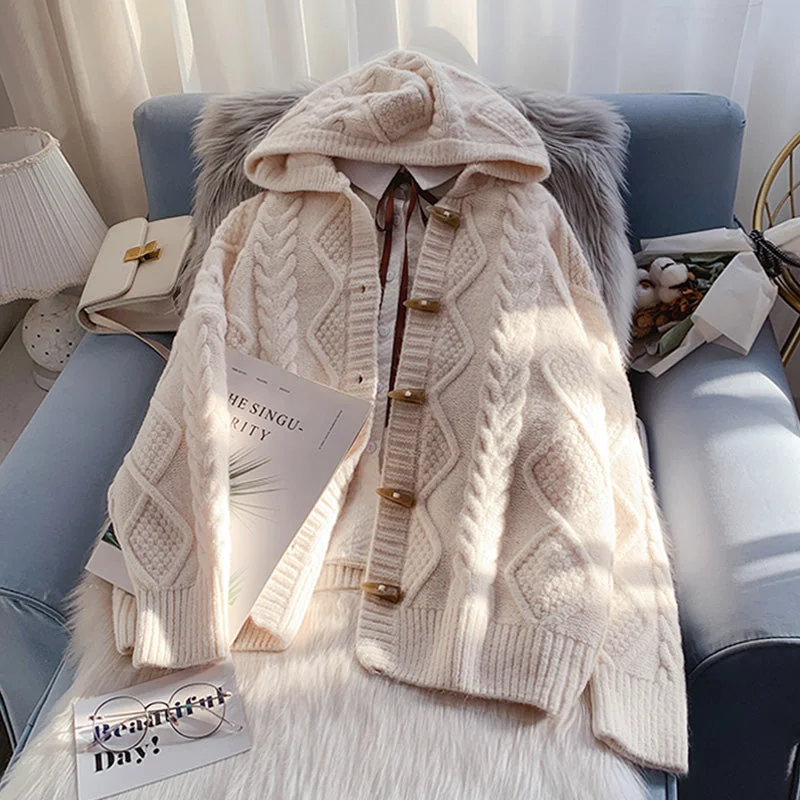Unbeatable Prices Ox horn button hooded twist sweater coat  4990