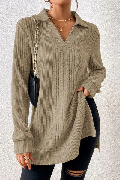 Don't Miss Out Slit Johnny Collar Long Sleeve Sweater