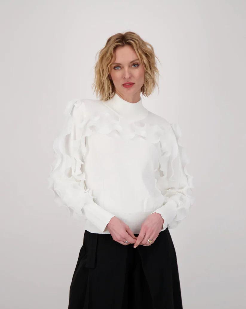 Now Available Ruffle trim sweater top - winter white