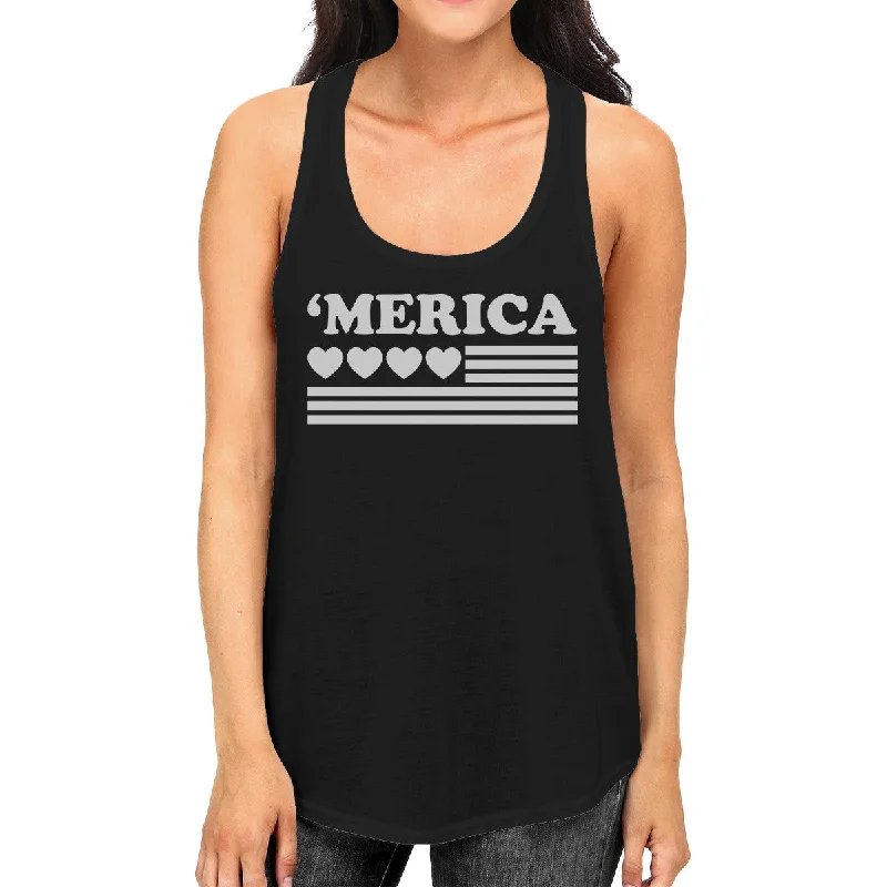 Seasonal Clearance 'Merica Women Black Cotton Tank Top Unique American Flag With Heart