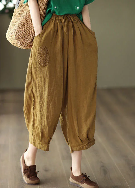 Weekend Flash Sale Unique Yellow Hollow Out Embroideried Linen Crop Pants Summer