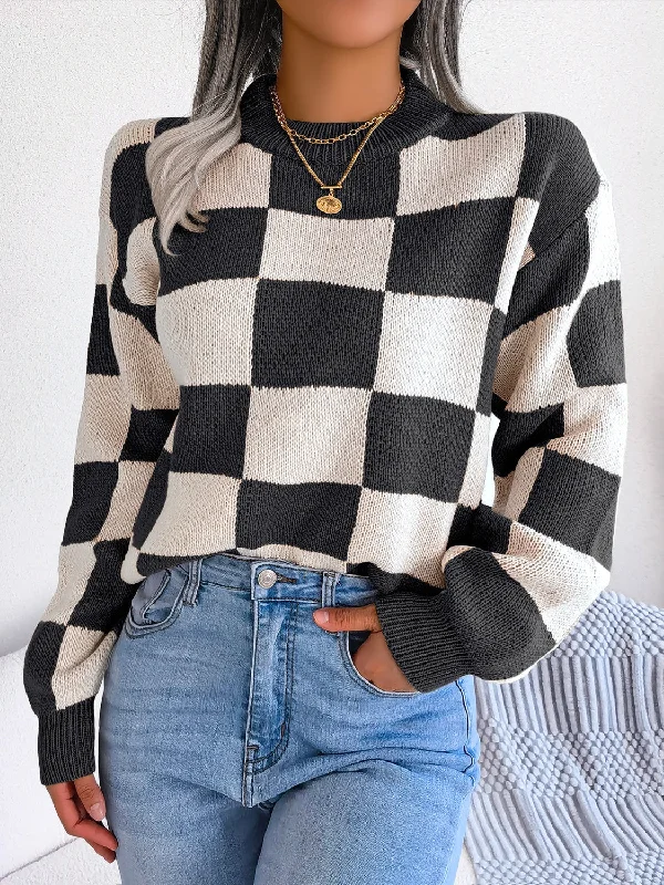 Members Only Checkered Mock Neck Long Sleeve Sweater