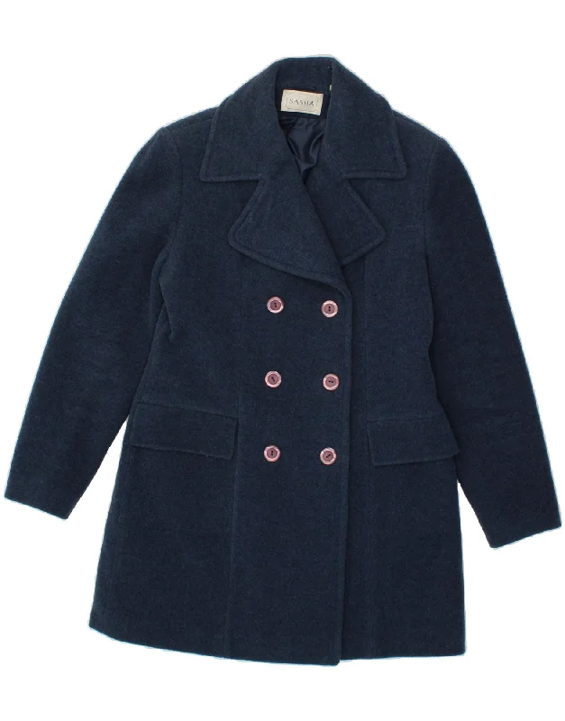 Season Finale Sale SASHA Womens Double Breasted Coat UK 10 Small Navy Blue Wool