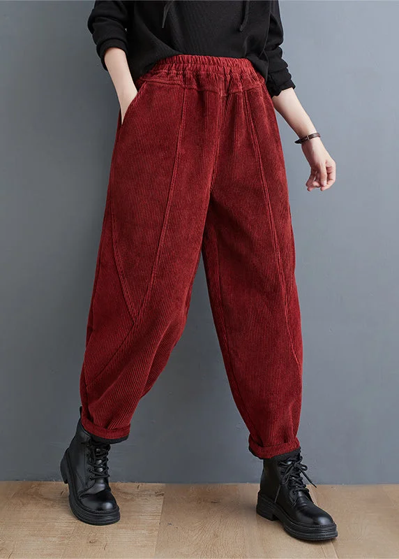 Savings Event Casual Red Pockets Elastic Waist Corduroy Warm Fleece Pants Winter