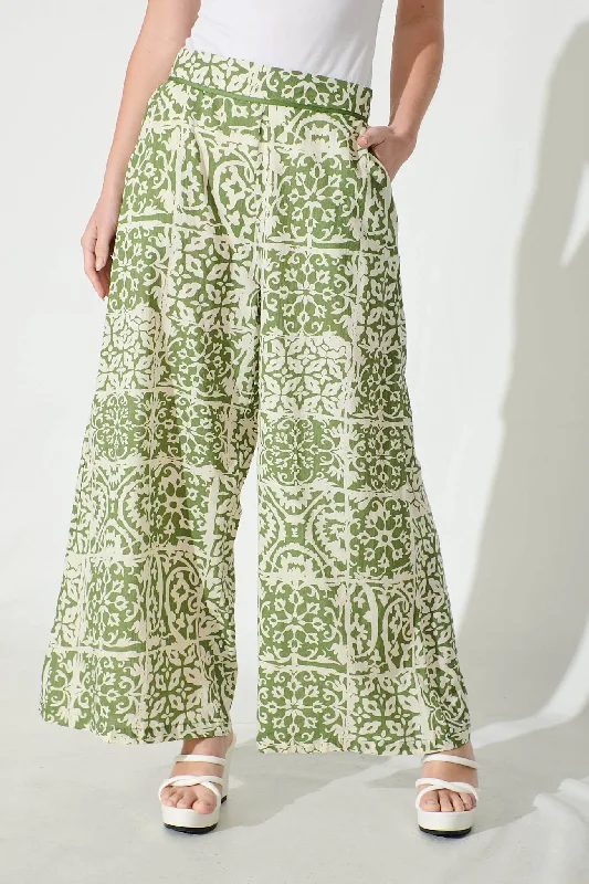 Weekend Savings Bonanza Jeanette Wide leg Pant in Khaki and Cream Tile Cotton Blend