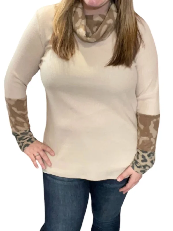 Markdowns Leopard Accent Cowlneck Sweater In Beige