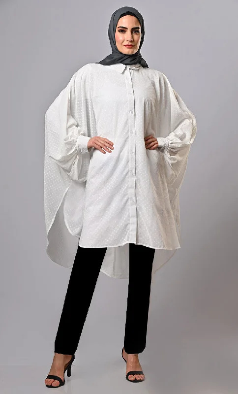 Now or Never White Doby Texture Flare Button-Down Tunic