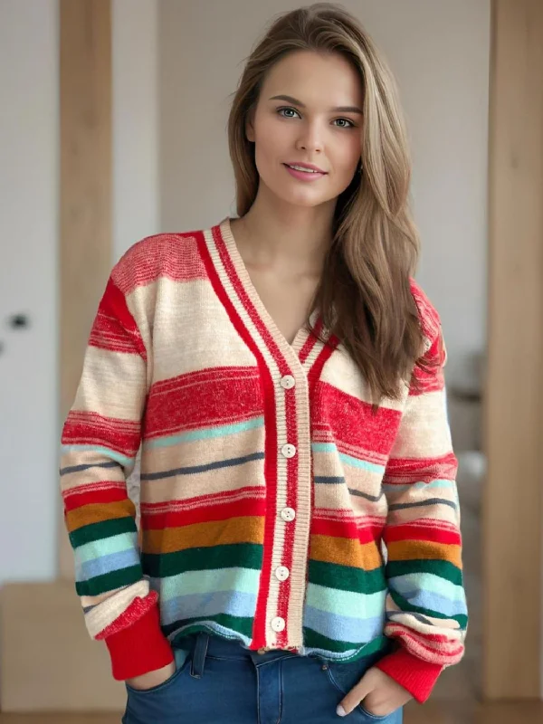 Great Bargains Striped Button Down V-Neck Long Sleeve Cardigan