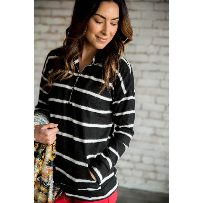 Get It Before It’s Gone Black Striped Quarter Zip Sweatshirt