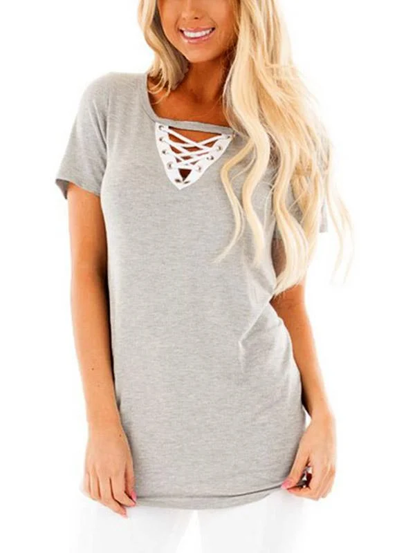 Weekend Specials to Enjoy Wholesale Causal V-Neck Lace-up T-shirt