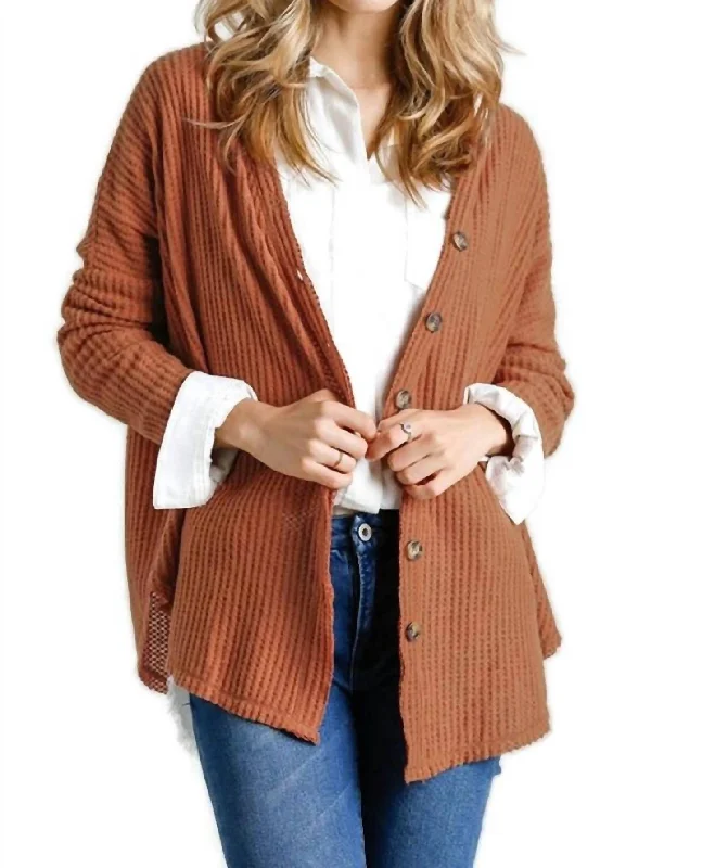 Extra Discounts Waffle Knit Cardigan In Ginger