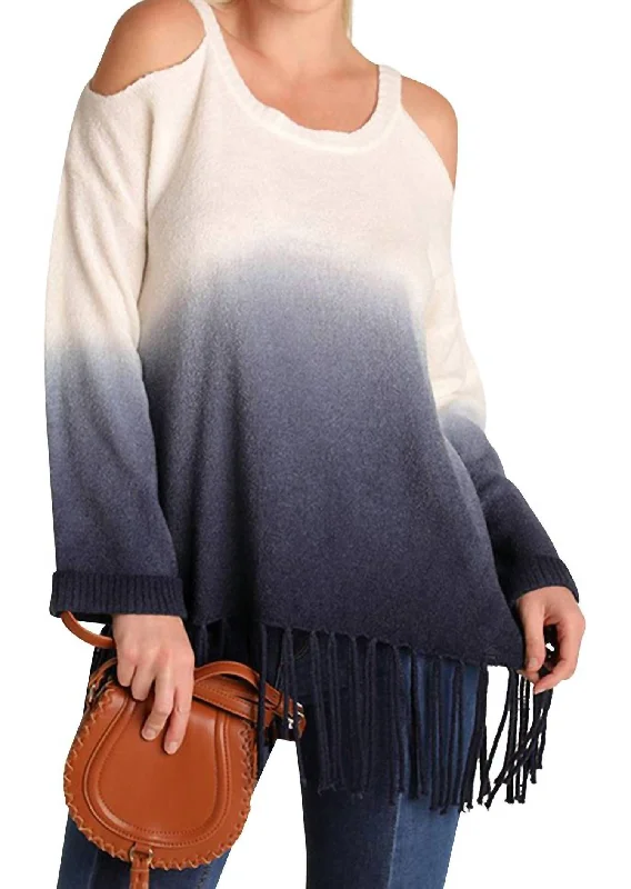 Weekend Special Ombre Cold Shoulder Fringe Sweater In Navy