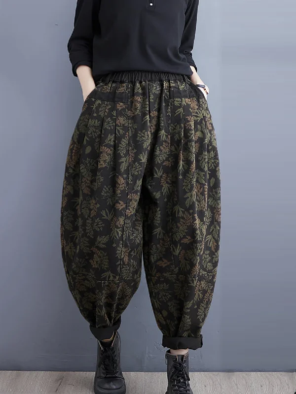 Year-End Deals Women Vintage Leaf Print Winter Denim Harem Pants