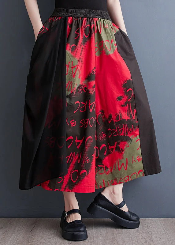 Price Drop Red Print Pockets Patchwork Cotton Crop Wide Leg Pants Tulle Summer