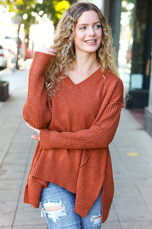 Flash Deal Rust Oversized V Neck Rib Knit Sweater