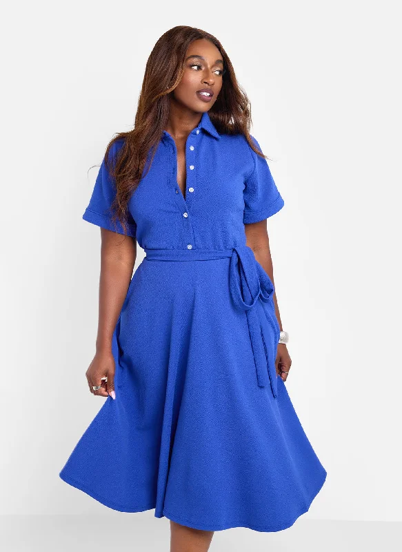 Steals and Deals Allow Me Floral Print Button Top Skater Midi Dress - Blue