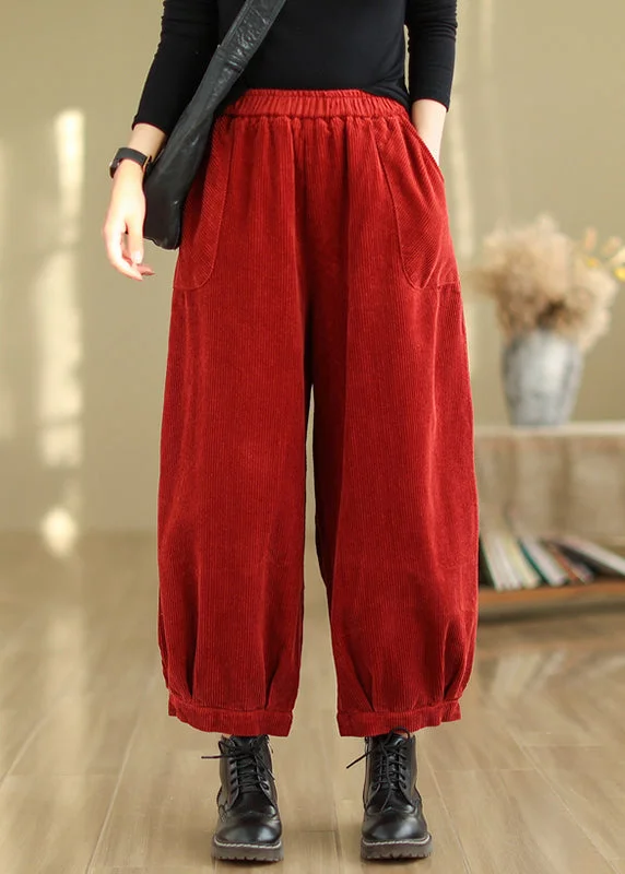 Extra Savings Vintage Red Pockets Patchwork Corduroy Lantern Pants Fall