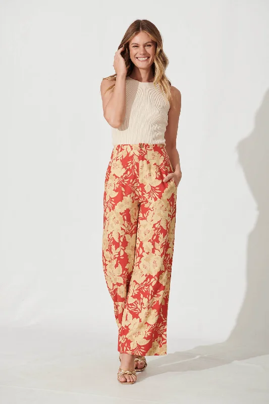 Flash Deal Posy Pant In Red With Beige Floral Linen Blend