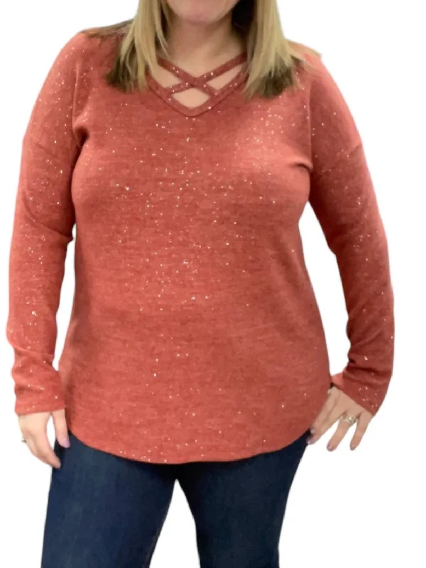 Weekend Savings Spectacular Criss Cross Front Sparkly Sweater In Rust