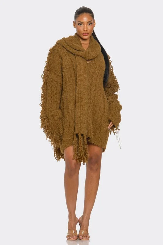 Super Bargain Chunky Knit Sweater Dress with Fringe